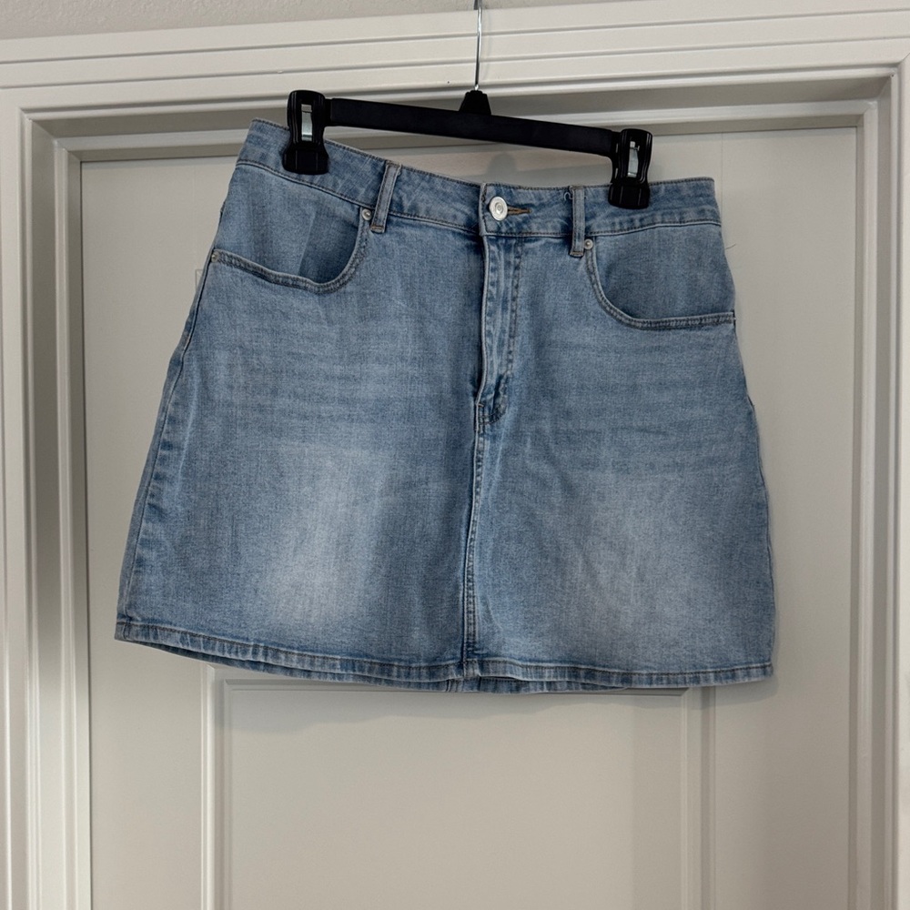 1. State Light Blue Denim Mini Skirt